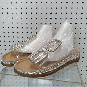 C Comfort | Silver Rhinestone Sandals | Women Flat Wedge Heel Strap Buckle Slide